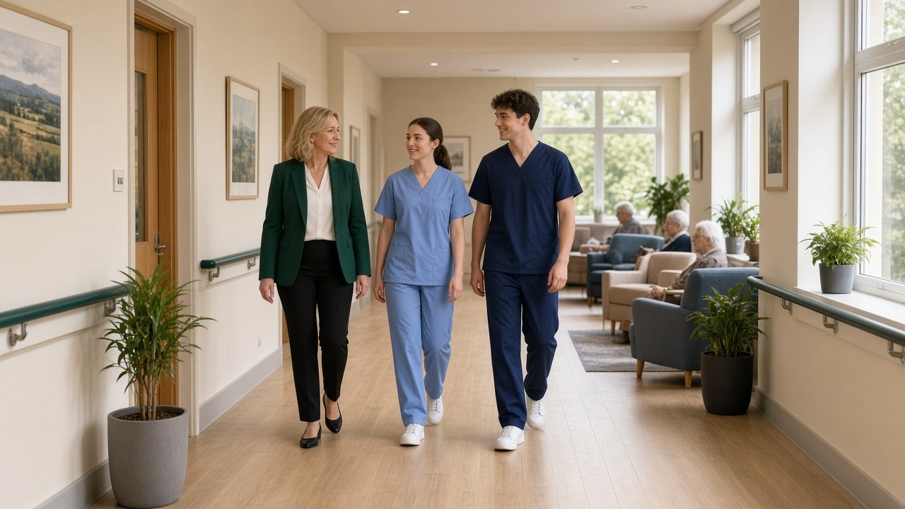 Executive talking with intern carers in a care home